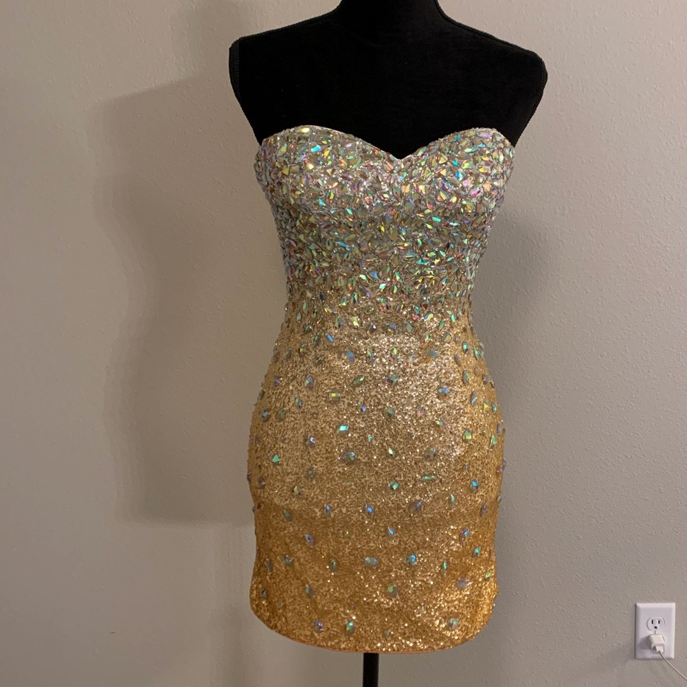 Jovani Ombré Gold Sequin and Jewel Dress